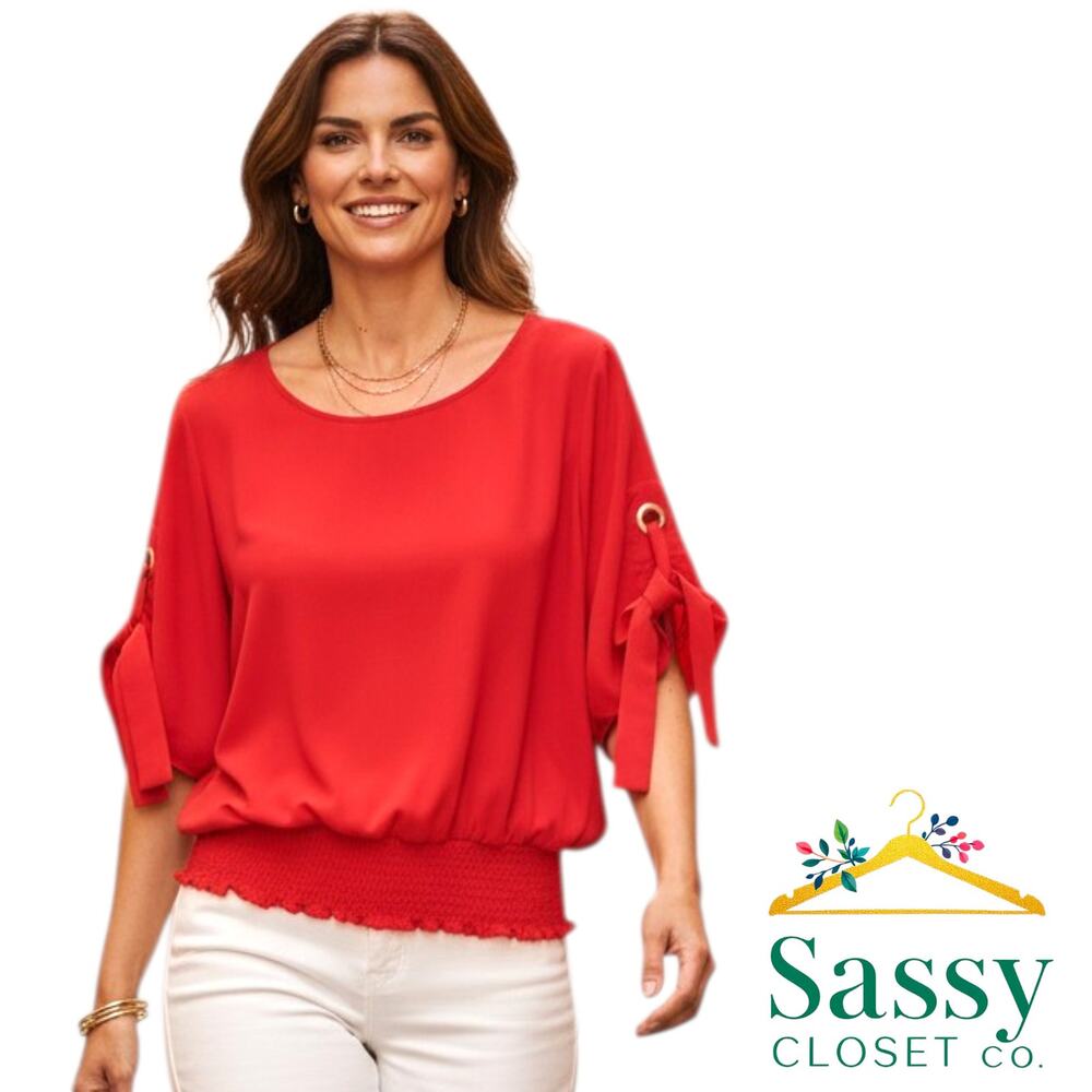 Michael Kors Red Top S EUC Gold Grommet Tie Sleeve Smocked Hem Blouse
